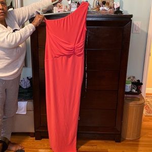 Club L London One Shoulder Thigh High Split Maxi Dress in Coral